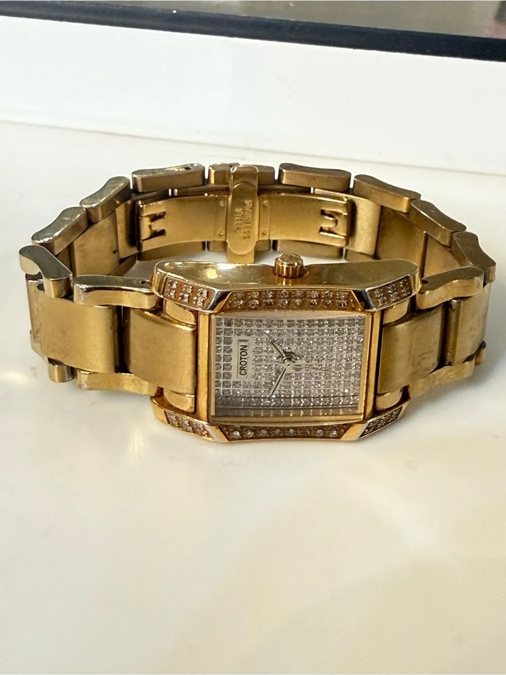 Croton Diamond Case Gold-Tone Rectangular Bracelet Watch Swiss Movement